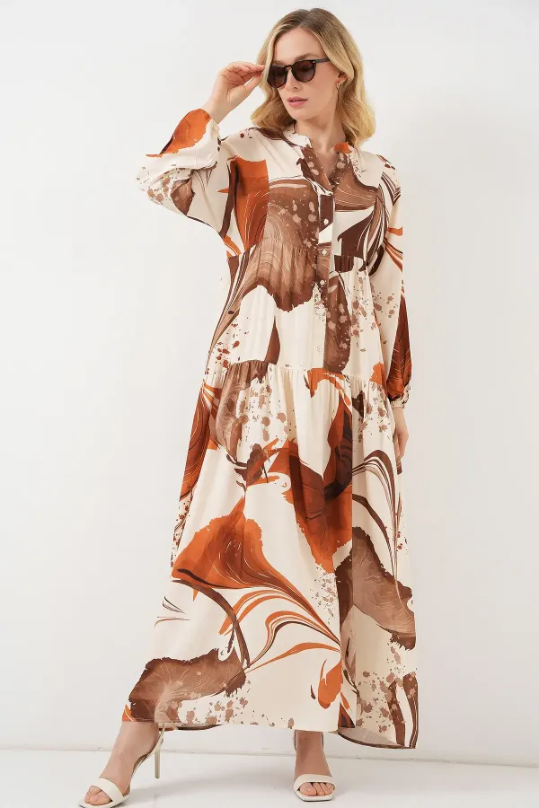 Kadın Desenli Uzun Tesettür Elbise 2585 - Kahverengi