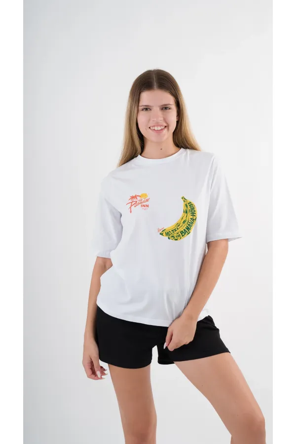 Women's White Yellow Banana House Printed Crew Neck T-Shirt HZL24S-YY302