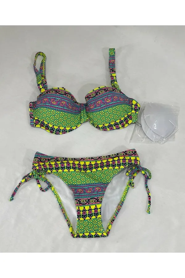 Kadın Yeşil Çok Renkli Etnik Desen Atarlı Bikini Takımı HZL25S-LC8004