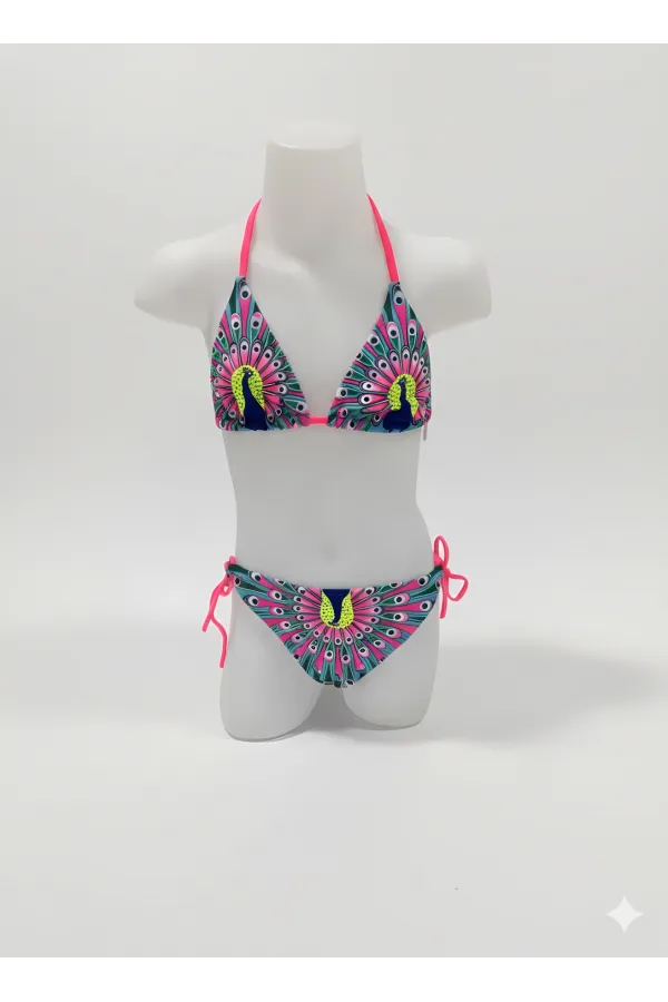 Ensemble bikini triangle à motif paon bleu pour filles, 6-14 ans HZL24S-LC9017