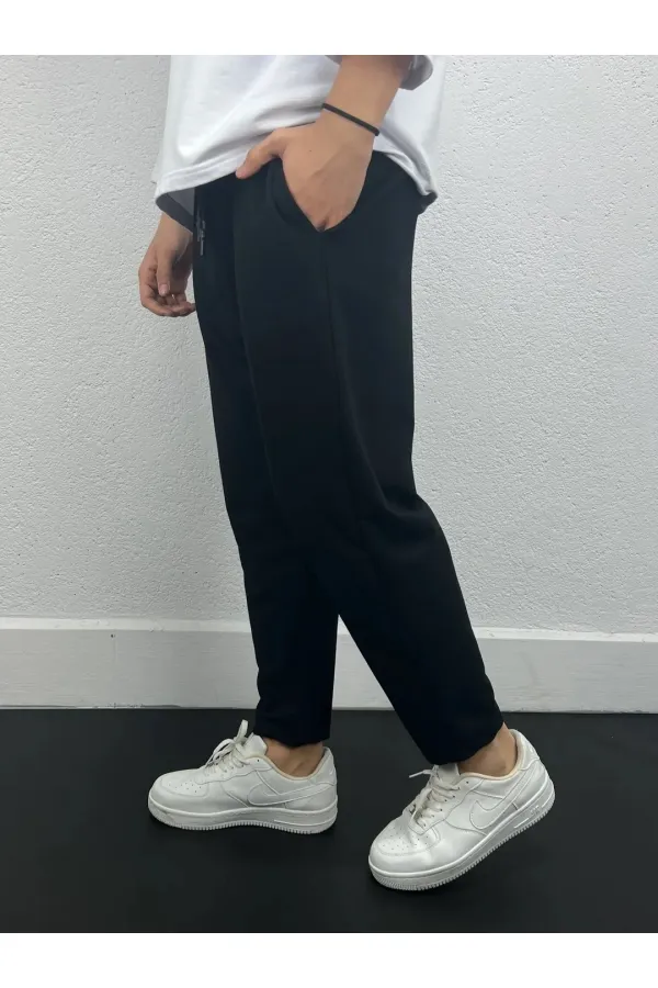 Erkek Siyah Beli İp Bağlamalı Düz Kesim Cepli Pantolon Eşofman Altı HZL24S-MXC8948-193