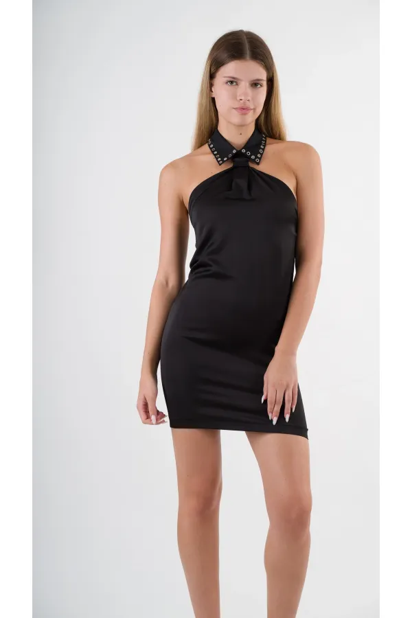 Kadın Siyah Halter Yaka Saten Kumaş Sırt Dekolteli Mini Elbise HZL24S-YY262