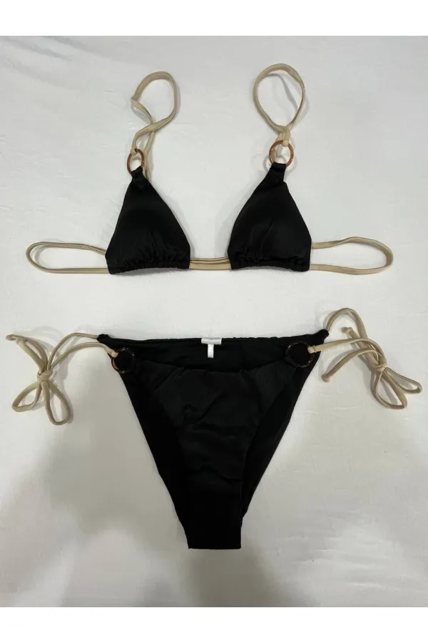 Kadın Siyah Halka Detaylı İp Bağlamalı Astarlı Bikini Takım HZL25S-AR1617