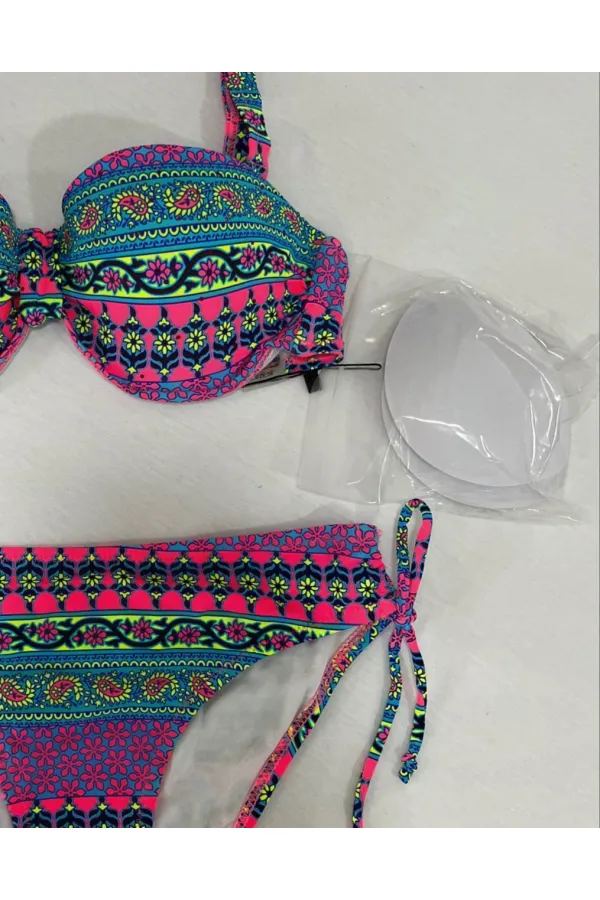 Kadın Fuşya Çok Renkli Etnik Desen Atarlı Bikini Takımı HZL25S-LC8004