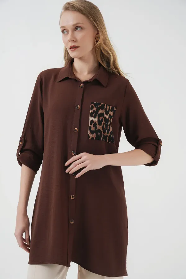5851 Pocket Detail Shirt Tunic - Brown