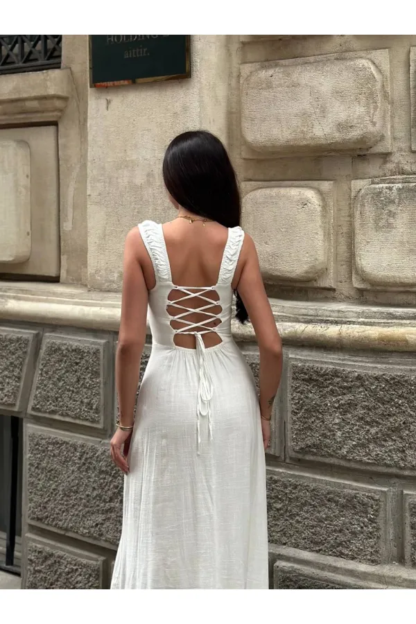 Kadın Beyaz Arkadan İp Bağlamalı Yırtmaç Detaylı Keten Elbise HZL25S-ZK11241