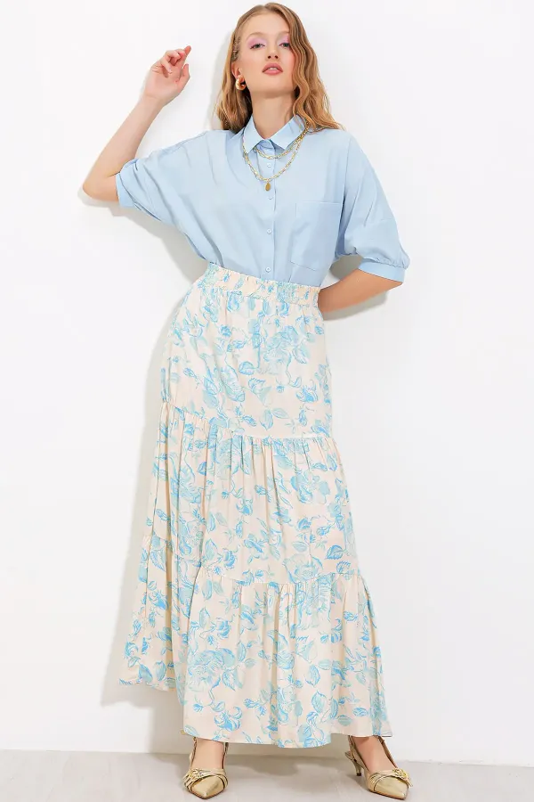 Jupe longue en viscose bleu crème à motifs pour femme, modèle 1898