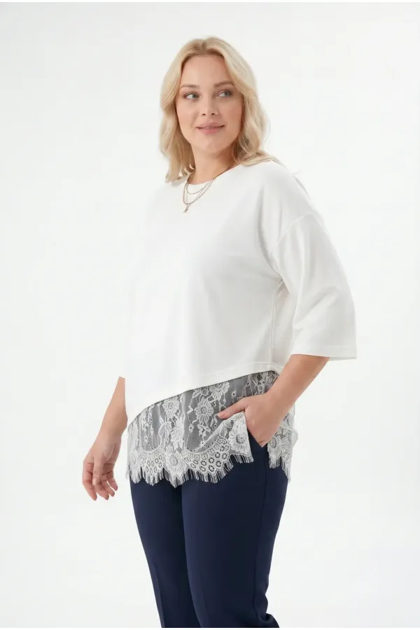 Women's White Plus Size Crew Neck Short Sleeve T-Shirt with Tulle Detail HZL26S-ZSS19521