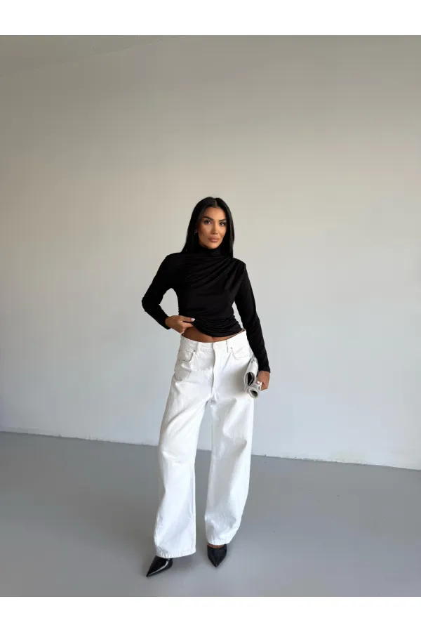 Kadın Siyah Uzun Kollu Drape Detaylı Boğazlı Sandy Bluz HZL25W-FRY123301