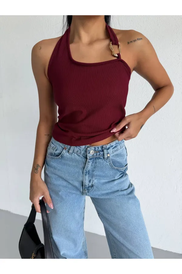 Kadın Bordo Ottoman Kumaş Halter Yaka Toka Detay Bluz HZL26W-FRY123321