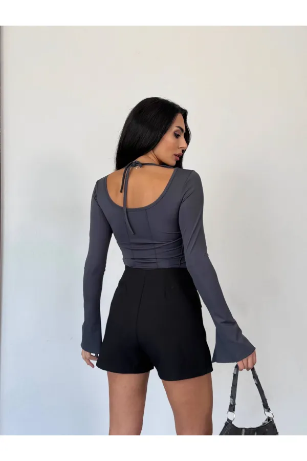 Kadın Antrasit Uzun Kollu Arkası Bağlamalı Fit Kesim Crop Bluz HZL25W-FRY122771