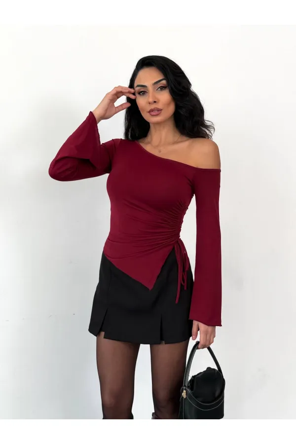 Kadın Bordo Asimetrik Kesim İspanyol Kol Beli Büzgülü Sandy Bluz HZL25W-FRY123591