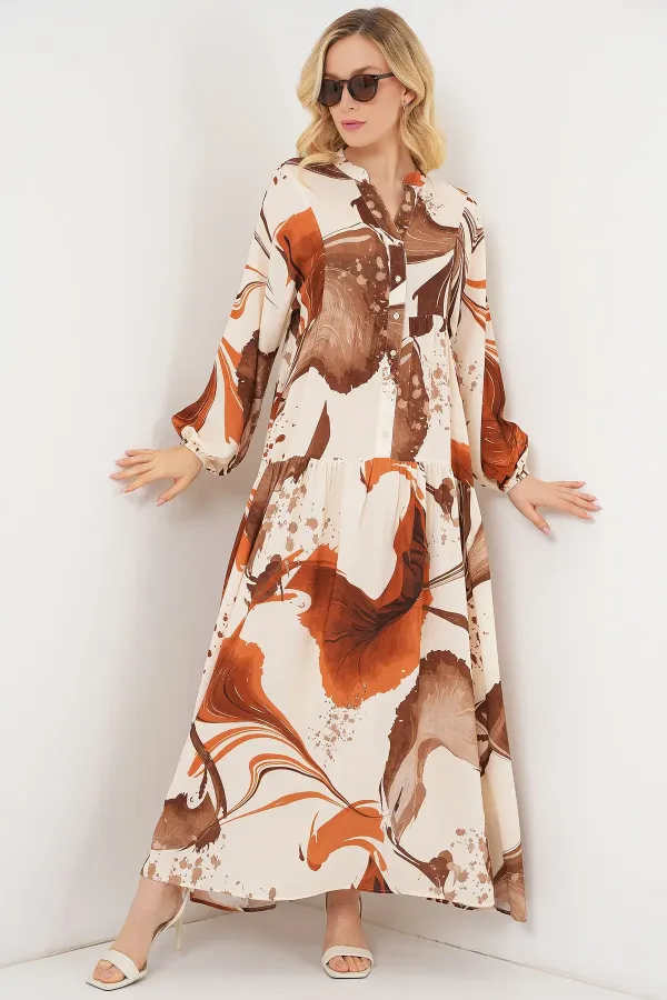 Kadın Desenli Uzun Tesettür Elbise 2585 - Kahverengi