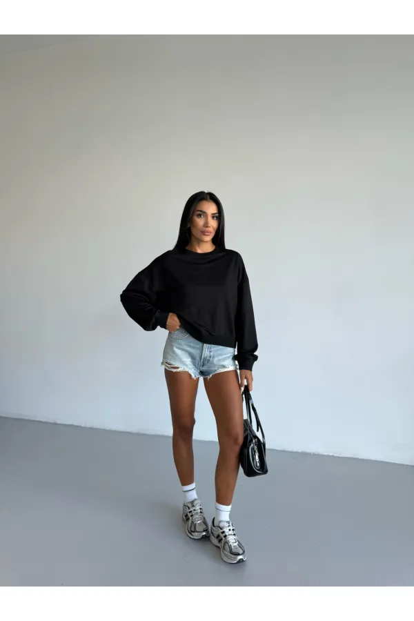 Kadın Siyah Bisiklet Yaka 2 İplik Sweatshirt HZL25W-FRY123391