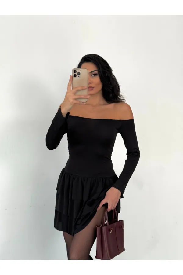 Women's Black Strapless Neckline Layered Skirt Detail Mini Dress HZL25W-FRY123581