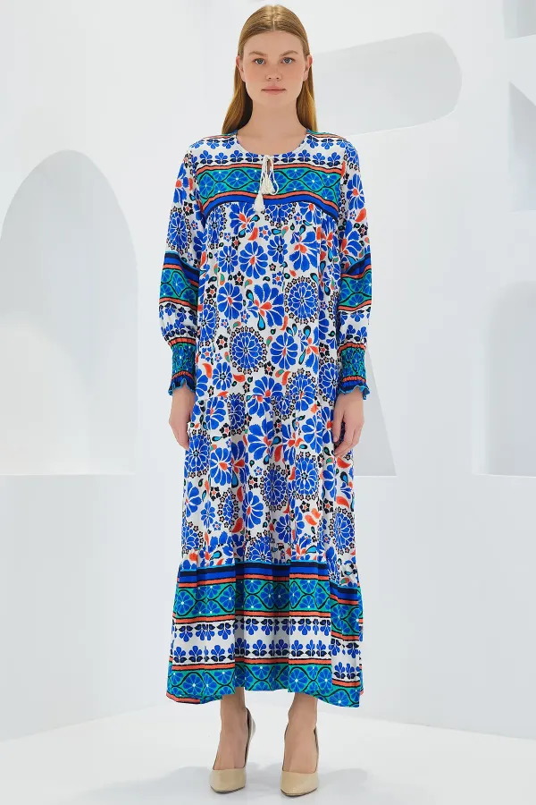 Kadın Saks Mavi Desenli Uzun Viskon Elbise 1947