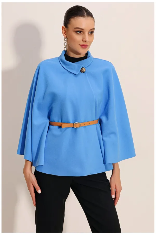 Poncho en cachemire bleu pour femme, col Judge, ceinture détaillée HZL24W-BD191341