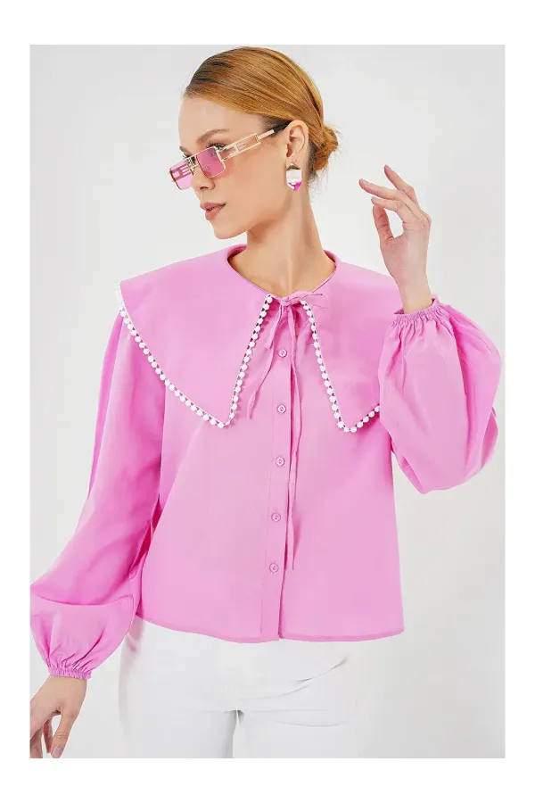 Kadın Pembe Bebe Yaka Düğmeli Şık Günlük Gömlek HZL26S-BD1203141