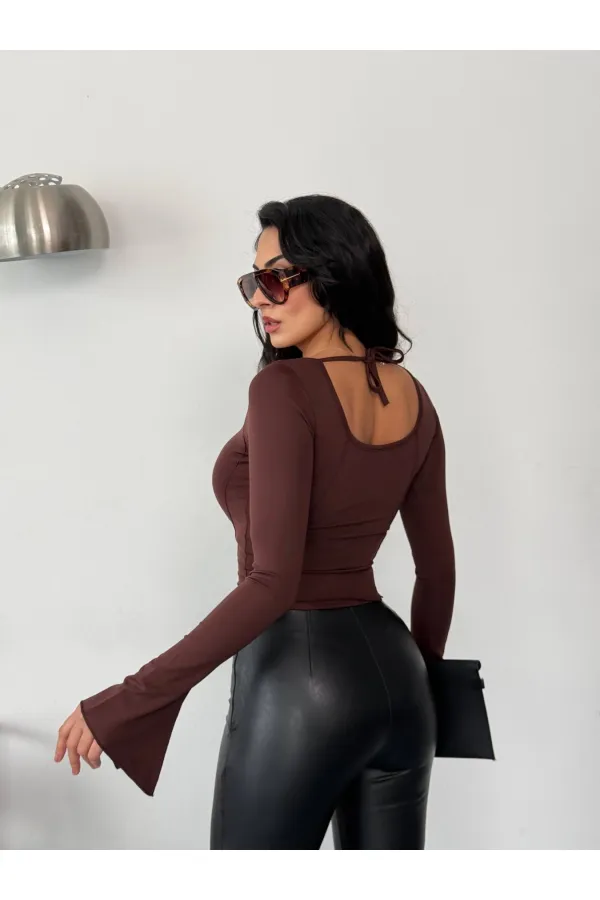 Kadın Kahverengi Uzun Kollu Arkası Bağlamalı Fit Kesim Crop Bluz HZL25W-FRY122771
