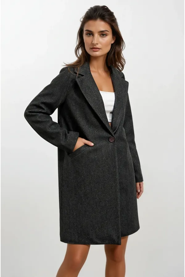 Kadın Antrasit Tek Düğmeli Çift Cepli Astarlı Şık Kaşe Kaban HZL23W-BD190851