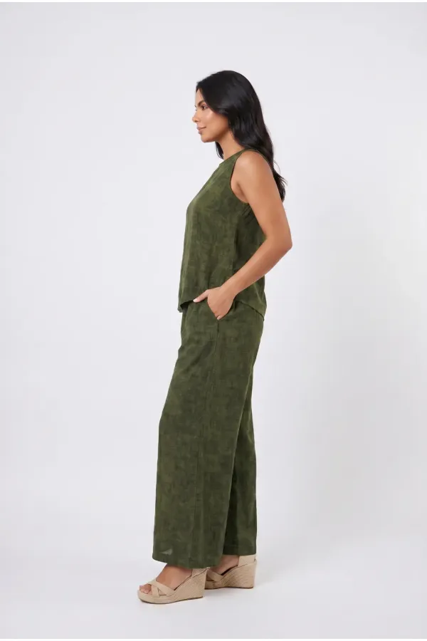Women's Khaki Linen Textured Relaxed Fit Two-Piece Set HZL26S-VL15141 Women's Khaki Linen Textured Relaxed Fit Two-Piece Set HZL26S-VL15141