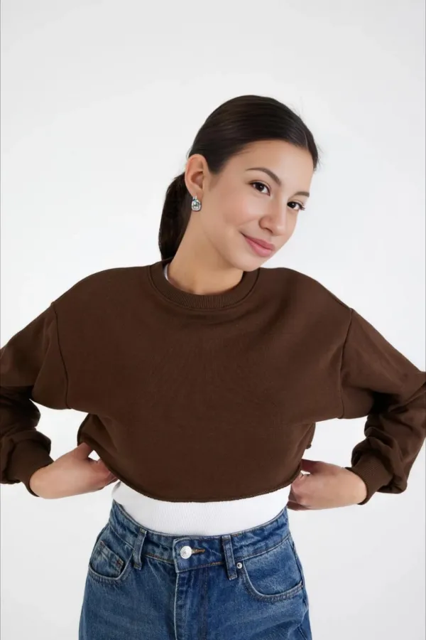 Sweat-shirt court basique marron à col ras du cou et manches longues pour femme HZL24W-ZK11351