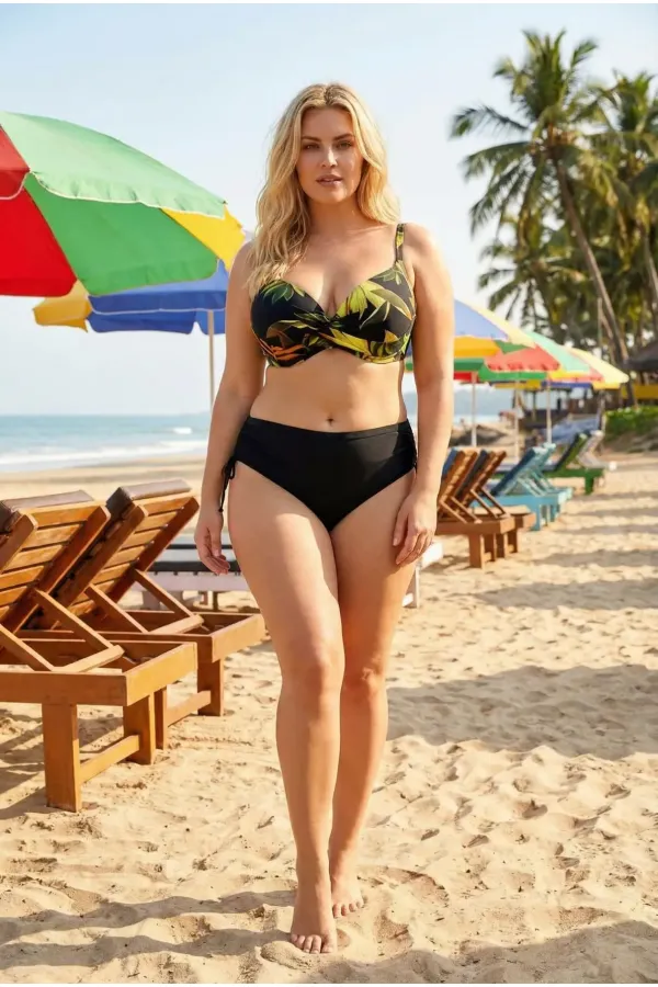 Ensemble bikini doublé grande taille à motif de feuilles noires et jaunes pour femme HZL26S-LC25153