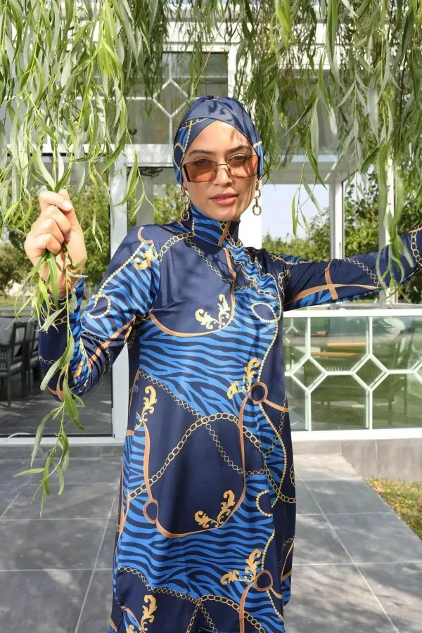 Kadın Lacivert Desenli Uzun Kollu Tesettür Mayo HZL25S-AR268-514