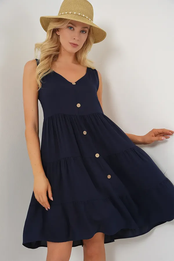 Robe courte sans manches à boutons pour femme 2571 - Bleu marine