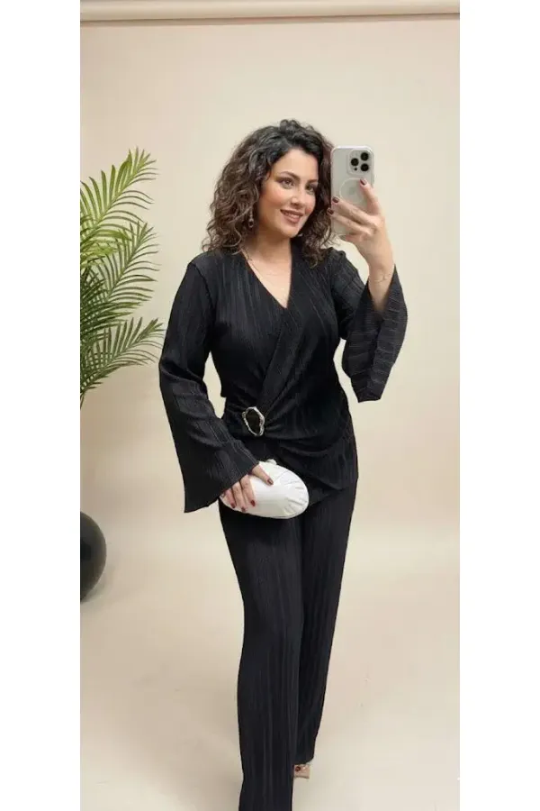 Women's Black Plus Size Pleated Evening Dress Set with Buckle Detail HZL26W-PR10101