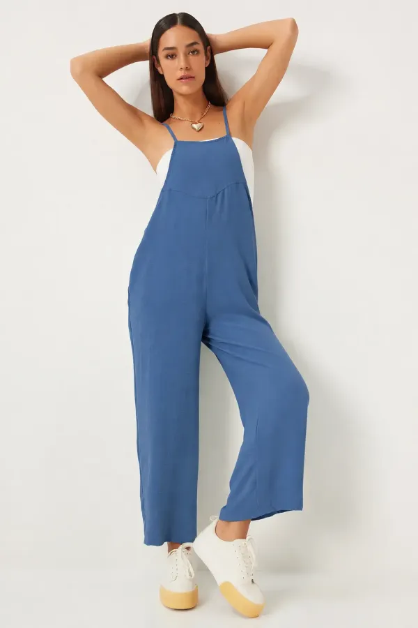 Women's Indigo Blue Adjustable Strap Wide Leg Overalls with Pockets HZL22S-BD170191