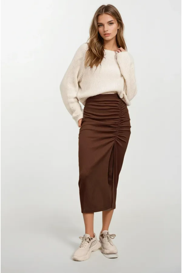 Kadın Kahverengi Beli Lastikli Yırtmaçlı Uzun Etek HZL22S-BD118801