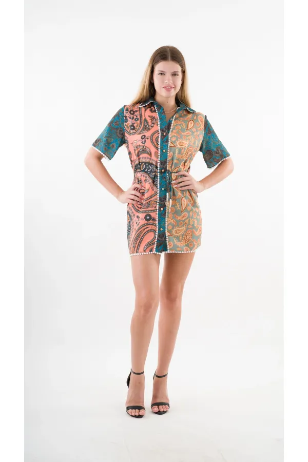 Kadın Yeşil Sarı İp Kemerli Küpürlü Gömlek Görünümlü Elbise HZL24S-YY237