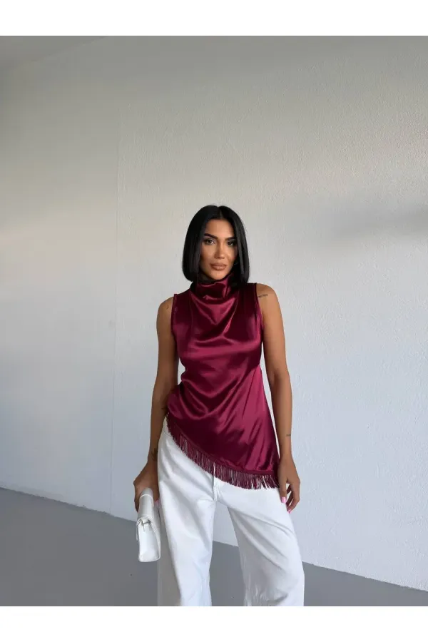 Women's Burgundy Halter Neck Asymmetrical Cut Fringe Detail Satin Blouse HZL26S-FRY123911