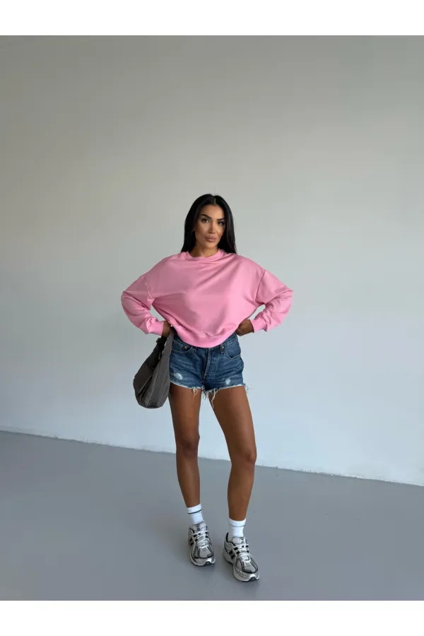 Women's Pink Crew Neck 2 Yarn Sweatshirt HZL25W-FRY123391