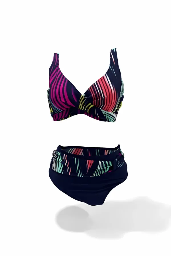Ensemble bikini doublé grande taille bleu marine multicolore pour femme HZL25S-LC21202