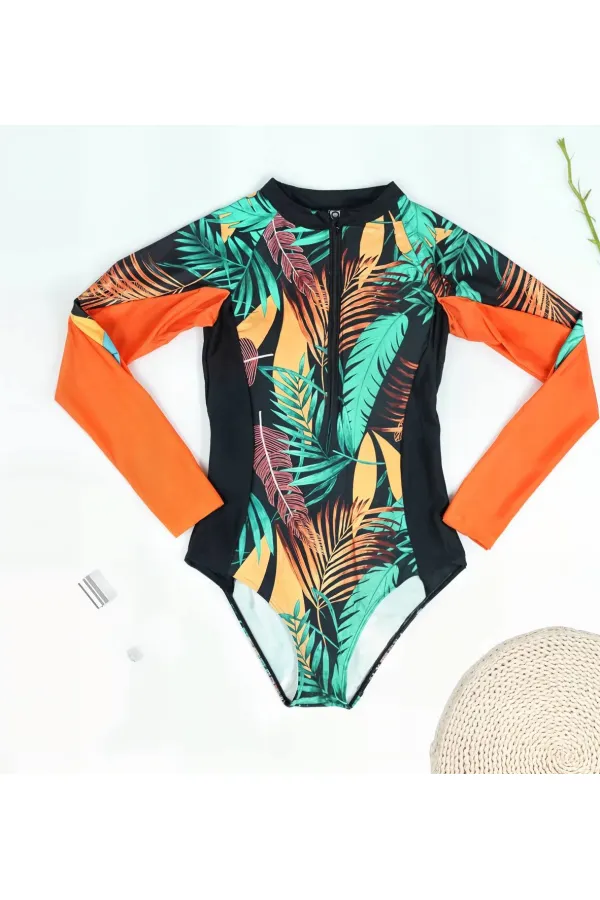 Maillot de bain doublé bleu marine à motifs plumes multicolores pour femme HZL25S-LC908