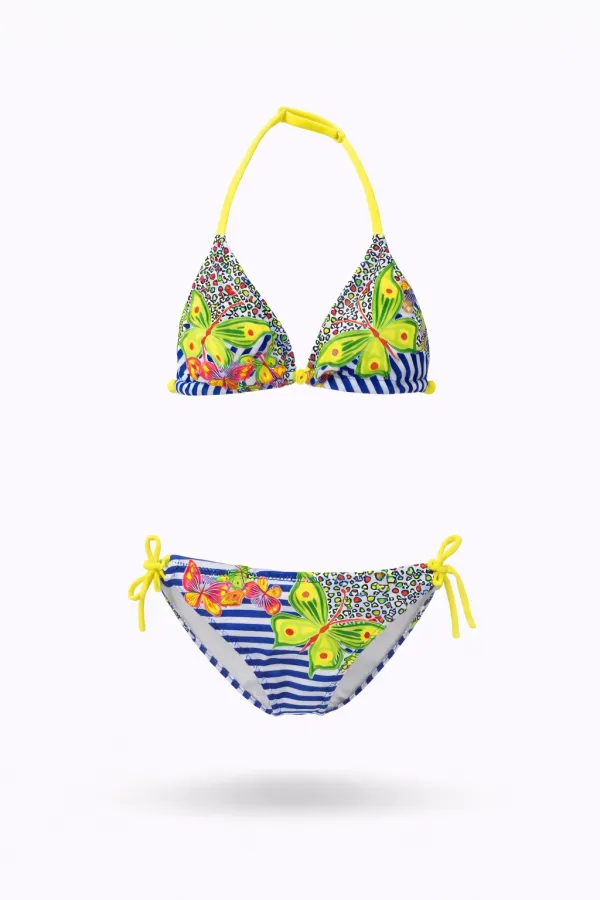 Girls' Navy Blue Butterfly Pattern Triangle Bikini Set, Ages 2-8 HZL24S-LC2134