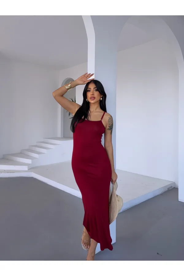 Kadın Bordo Ayarlanabilir Askılı Midi Boy Elbise HZL25S-FRY122921