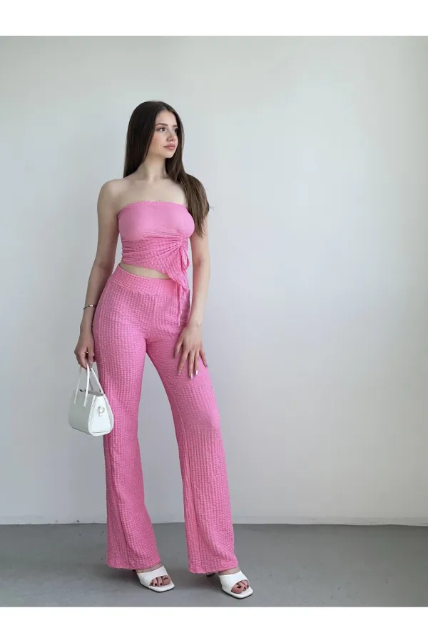Kadın Pembe Beli Lastilkli Gofre Kumaş Pantolon HZL24S-ZK13261