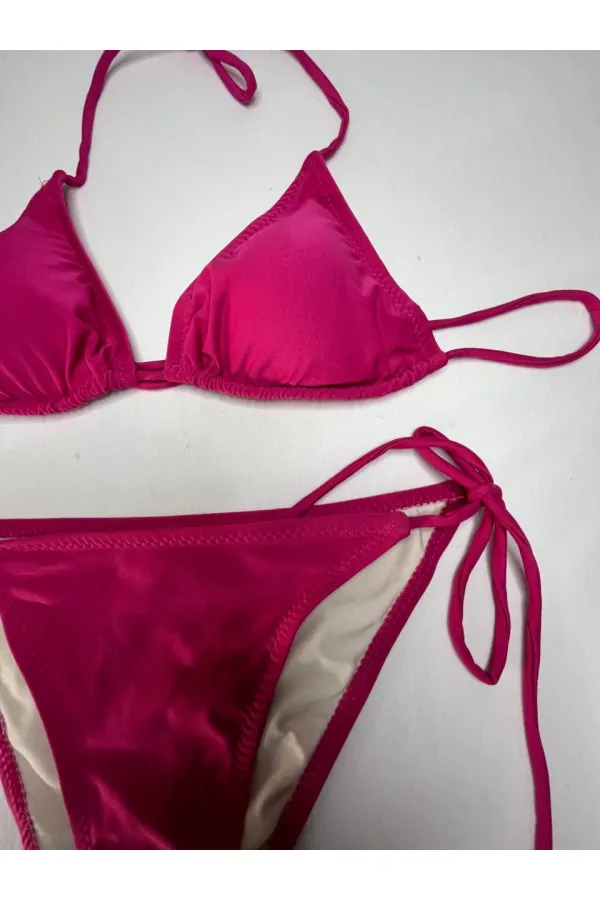 Kadın Koyu Pembe Boyundan İp Bağlamalı Üçgen Bikini Takımı HZL25S-LC5005