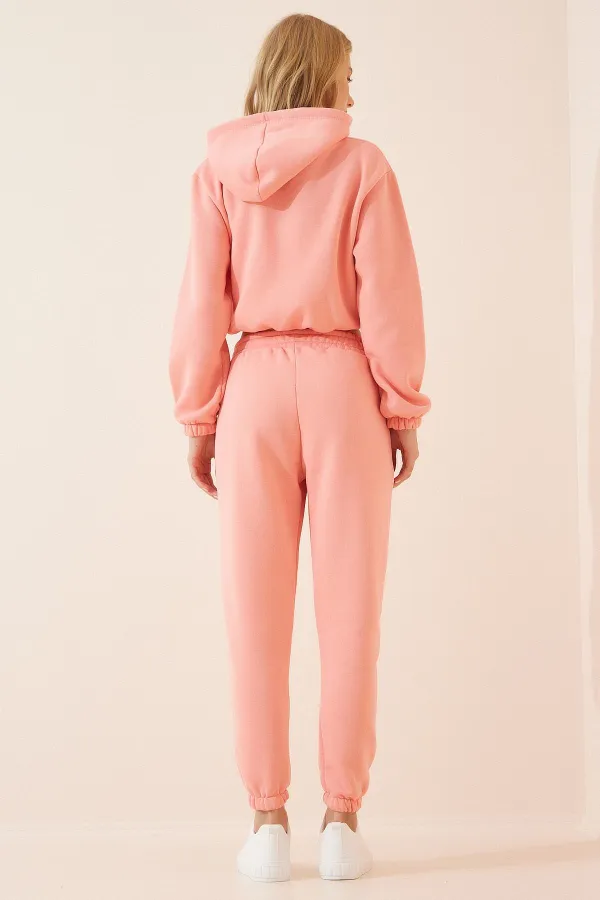 Women's Pink Hooded Printed Polar Fleece Top Crop Top with Underwire Tracksuit Set HZL23W-BD1553971