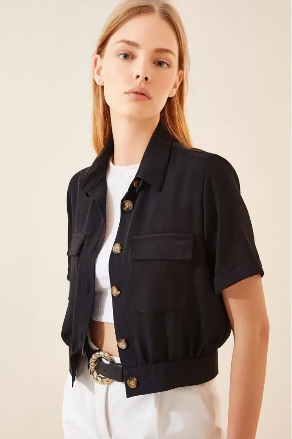 Women's Black Pocket Buttoned Short Sleeve Summer Crop Shirt Jacket HZL22S-BD106631