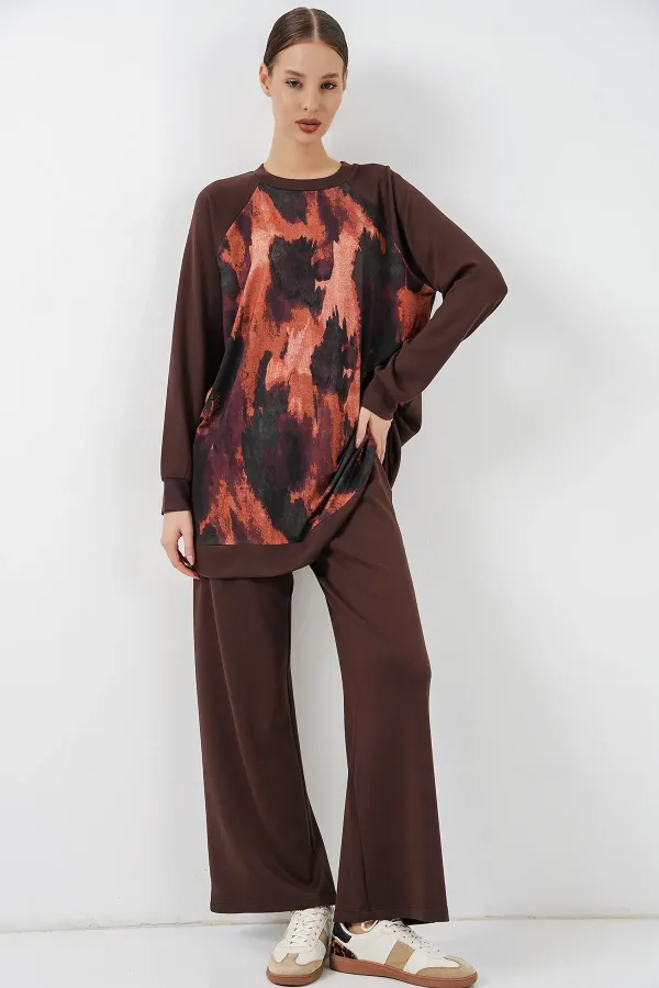 Ensemble deux pièces tunique et pantalon oversize à motifs pour femme 55462 - Marron