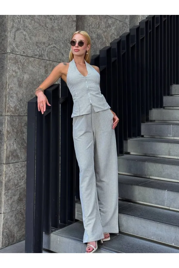 Kadın Vizon Çizgili Önü Fermuarlı Bluz Pantolon İkili Takım HZL25S-ZK13691