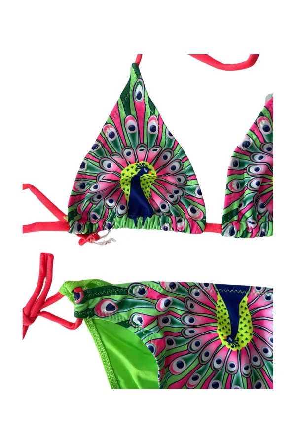 Girl Green Peacock Patterned 6-14 Years Triangle Bikini Set HZL24S-LC9017
