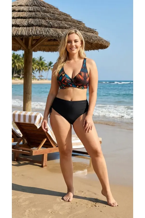 Ensemble bikini grande taille doublé à motif floral noir pour femme HZL26S-LC21202