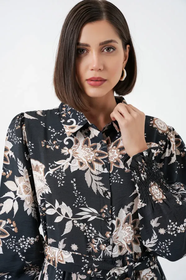 Kadın Kuşaklı Tesettür Elbise 2589 - Y.Siyah