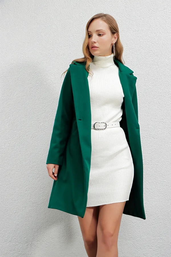 Kadın Zümrüt Yeşili Tek Düğmeli Çift Cepli Astarlı Şık Kaşe Kaban HZL23W-BD190851