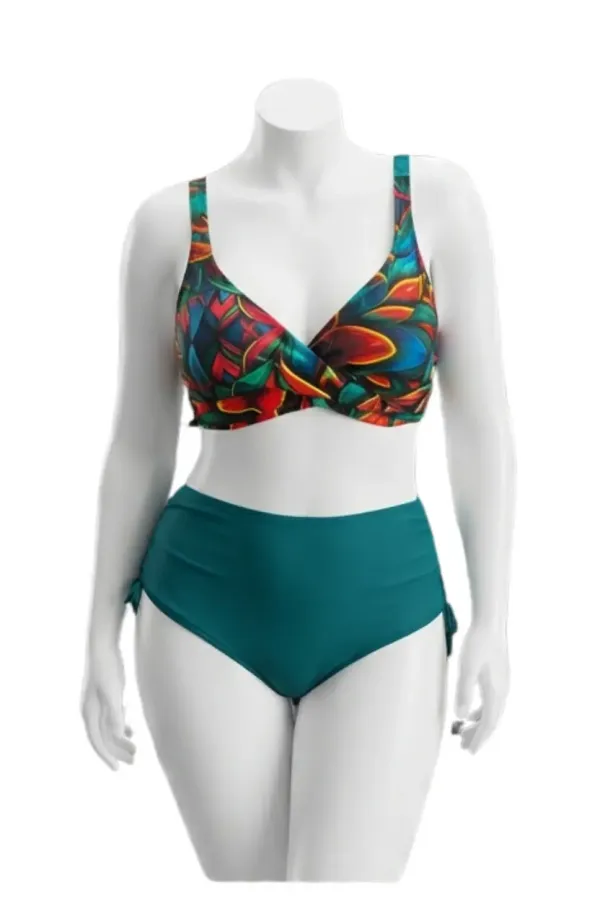 Ensemble bikini grande taille doublé à motif floral vert pétrole pour femme HZL26S-LC21202